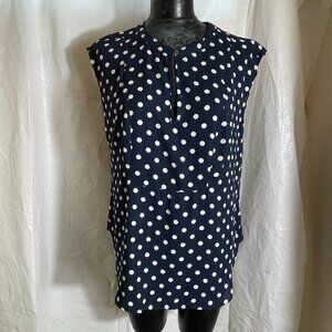 Tahari Size Large Sleeveless Navy White Polka Dot Top Front Button NWT $48